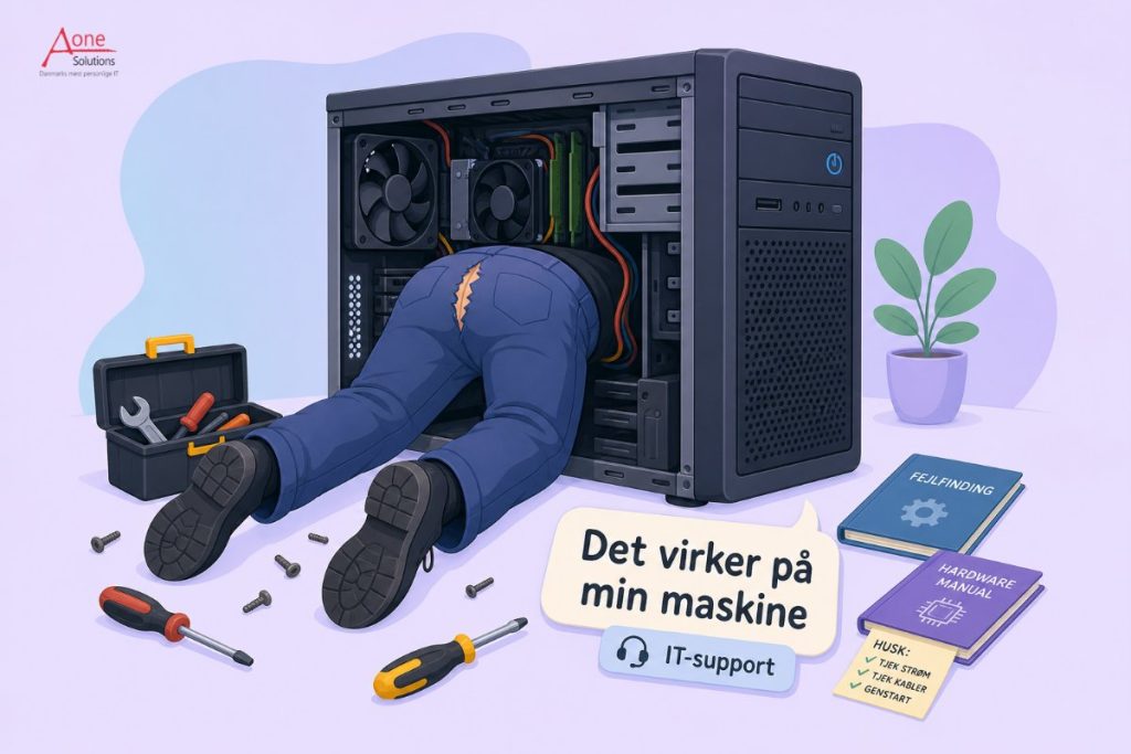 Humoristisk illustration af IT-tekniker der er kravlet ind i et PC-tårn — kun ben og revnede bukser stikker ud, med værktøj spredt på gulvet
