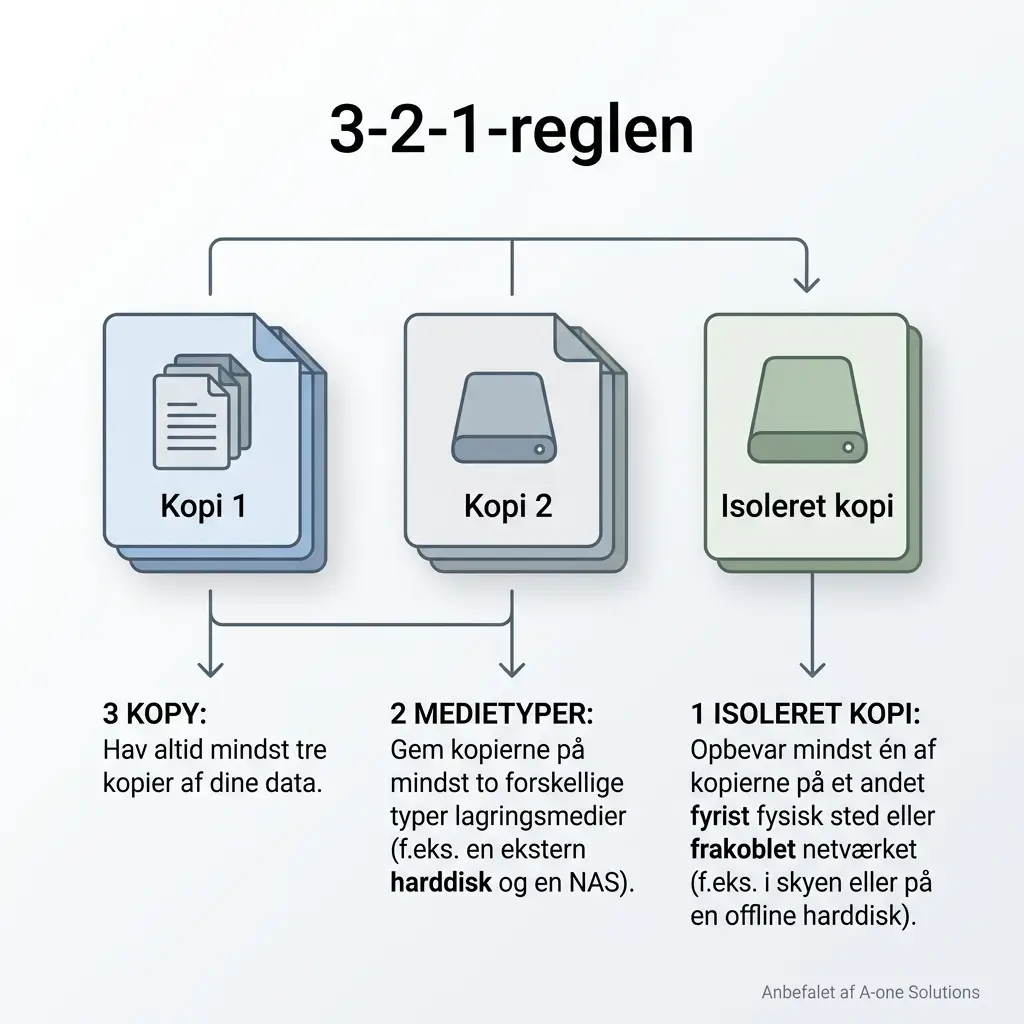 Diagram over 3-2-1 backup-reglen med tre kopier og en isoleret kopi