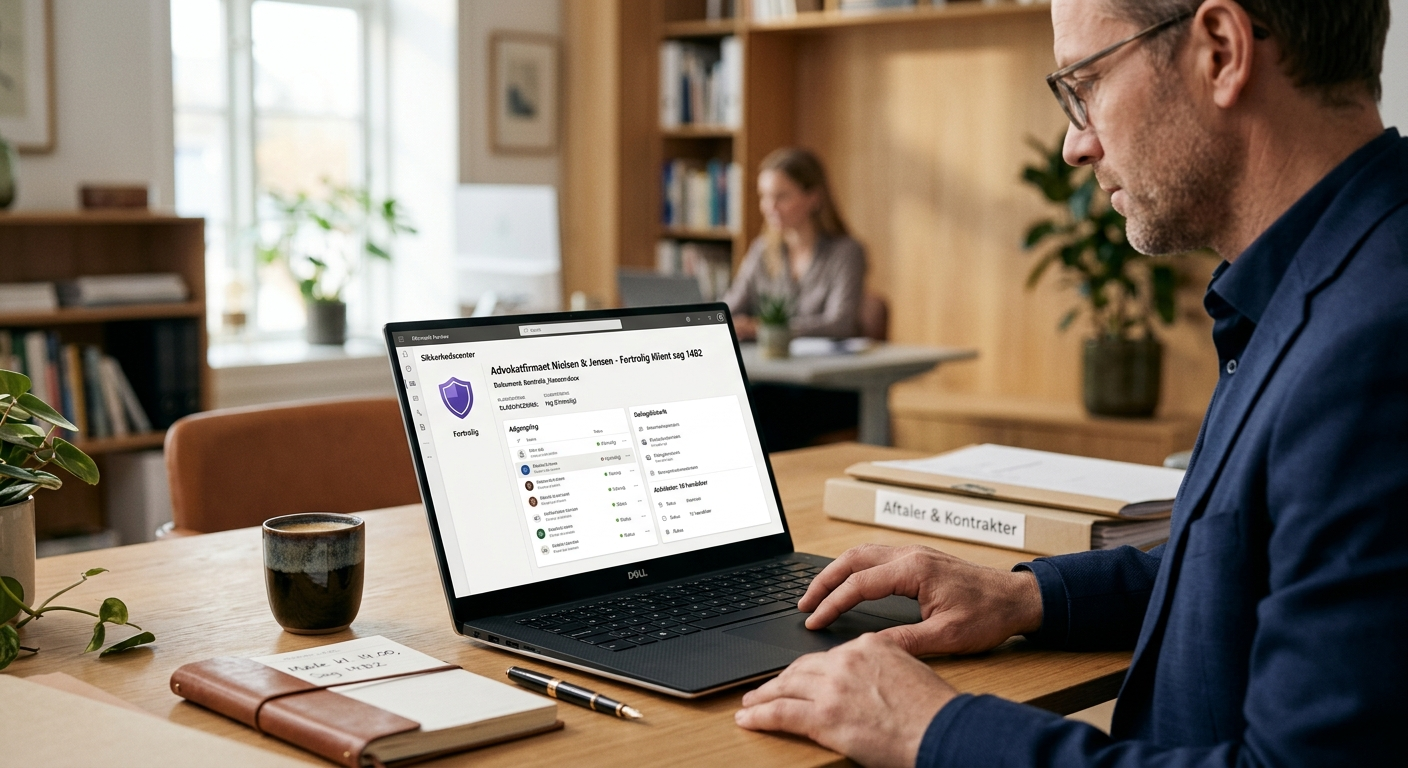 Advokat arbejder med fortrolige klientdokumenter i Microsoft 365