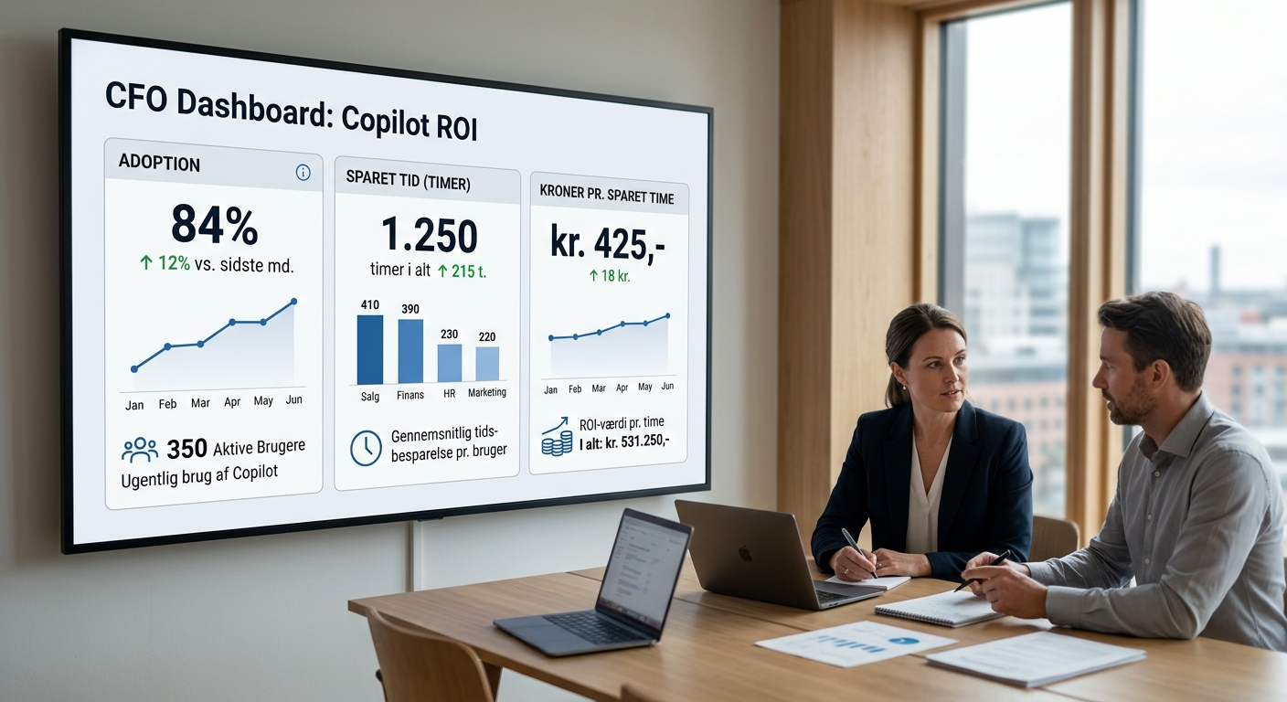 CFO-dashboard der viser Copilot-adoption, sparet tid og kroner pr. sparet time