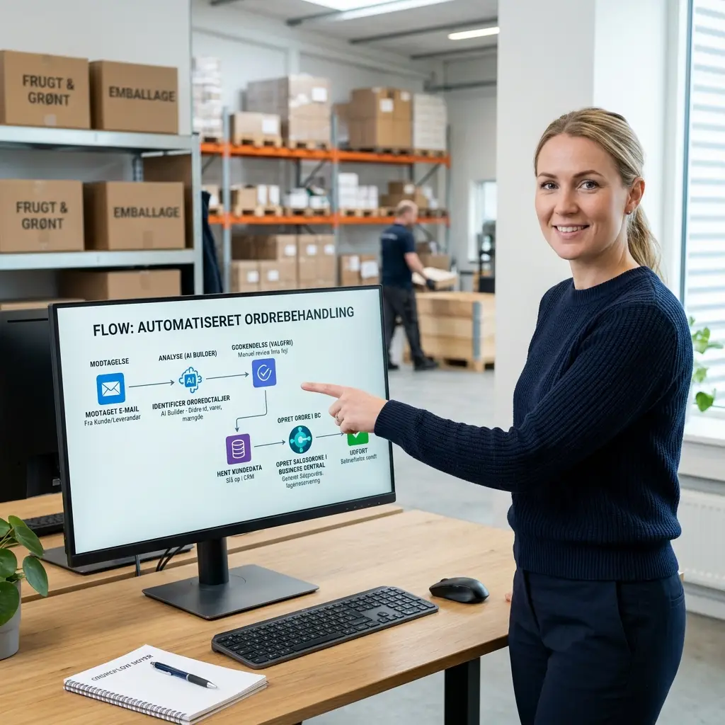 Oversigt over et Power Automate flow der flytter data fra e-mail til ERP i en dansk engrosvirksomhed