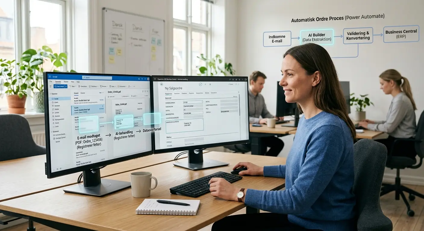 Medarbejder i engrosvirksomhed ser ordrer flyde automatisk fra PDF ind i Business Central via Power Automate