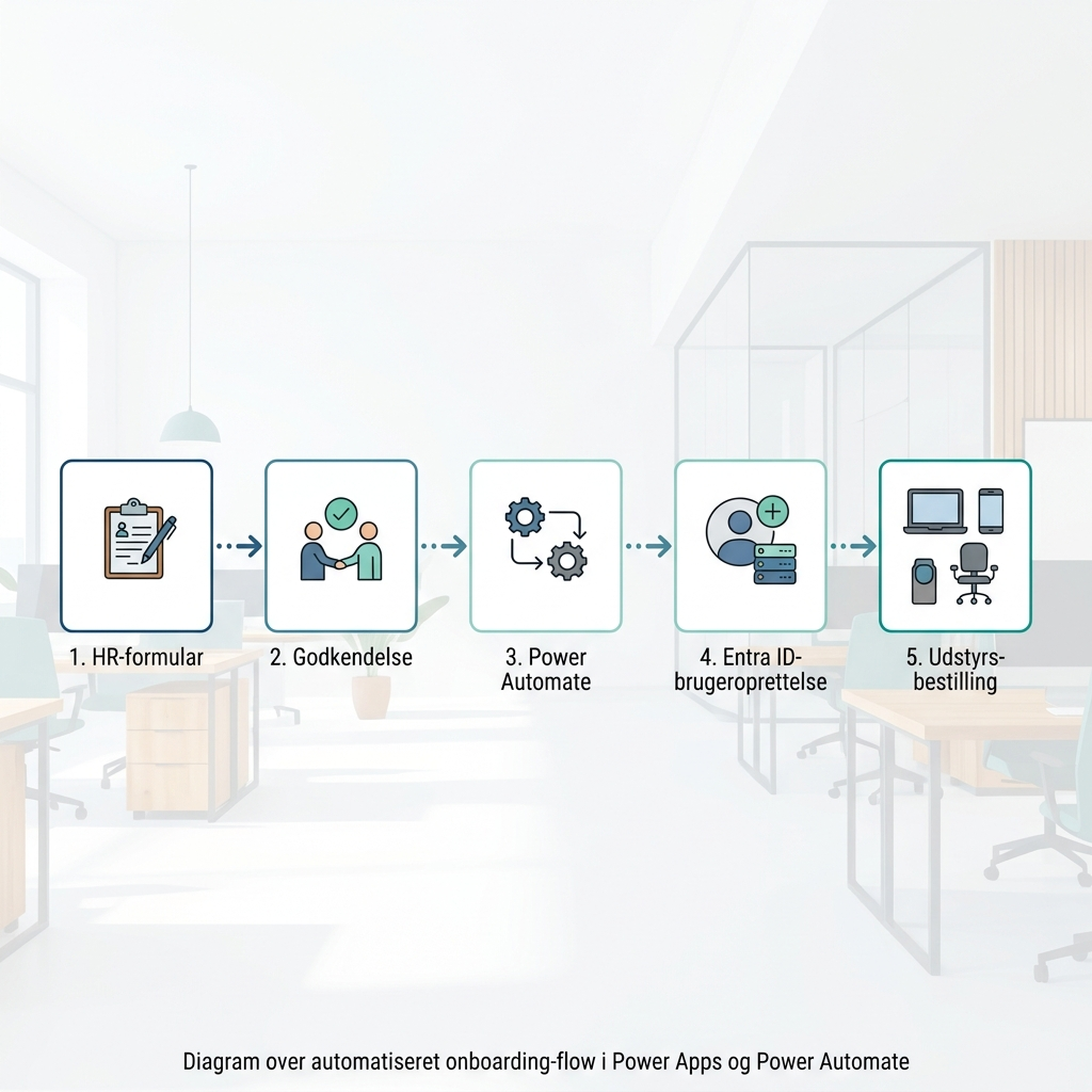 Diagram over onboarding-flow fra HR-formular til Entra ID-brugeroprettelse og udstyrsbestilling