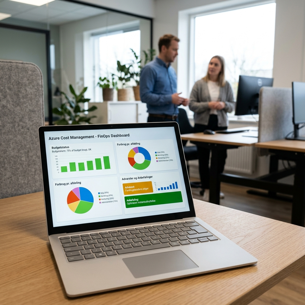FinOps-dashboard i Azure Cost Management med budget-alerts og forbrug pr. afdeling