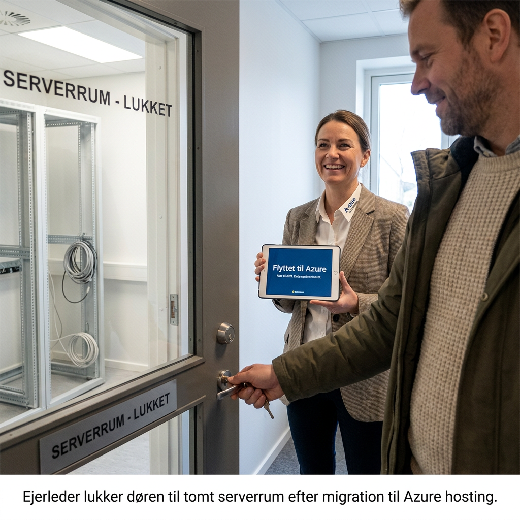 Ejerleder lukker døren til et tomt serverrum efter flytning til Azure hosting