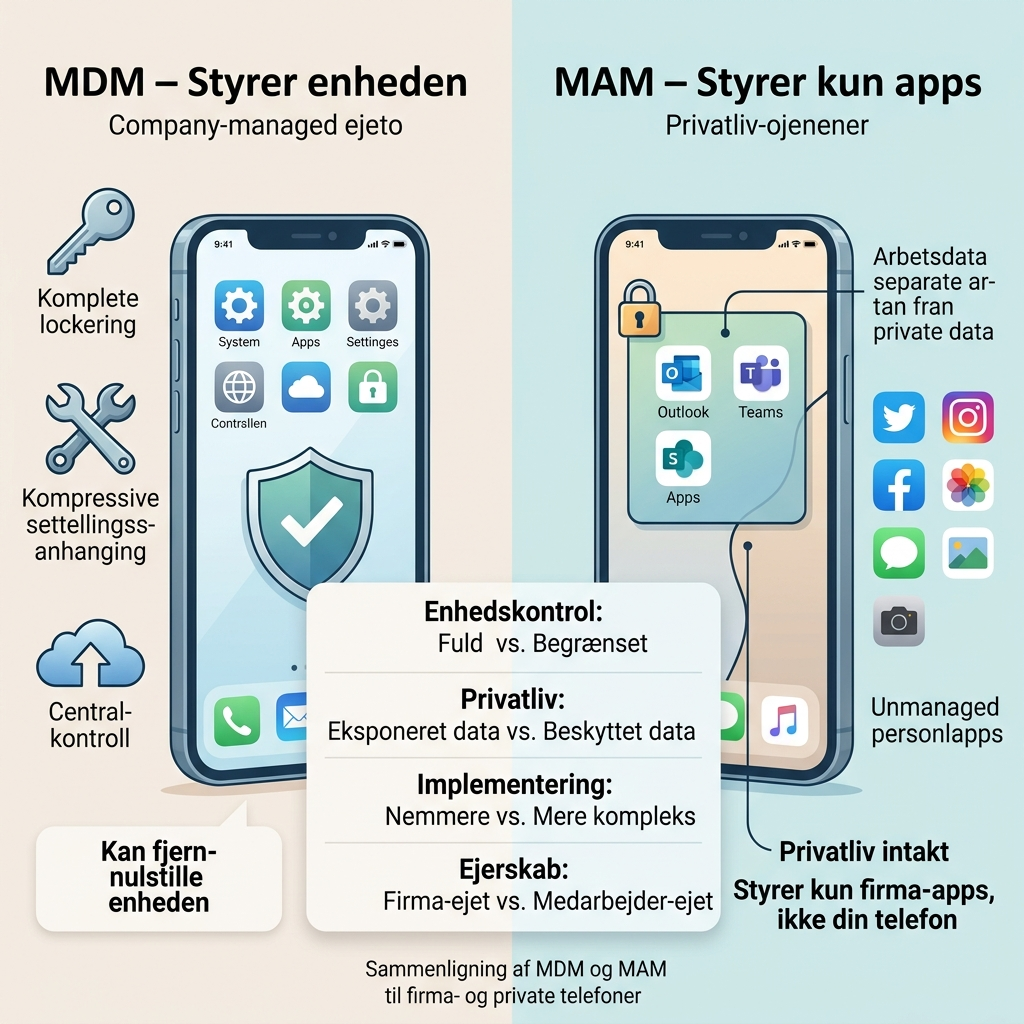 Sammenligningstabel over MDM og MAM til firmatelefoner og private telefoner