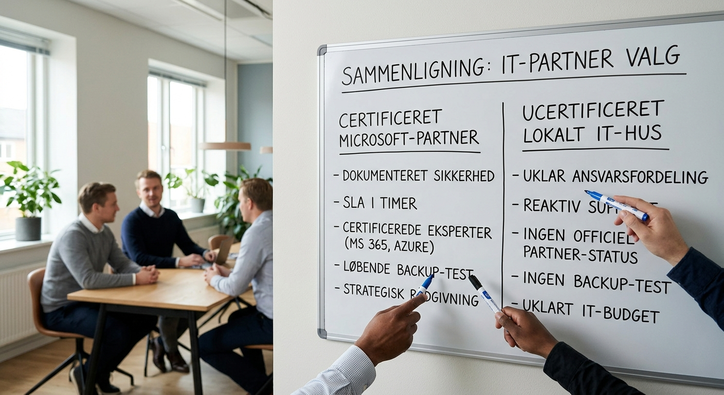 Sammenligning af certificeret Microsoft-partner og ucertificeret lokalt IT-hus på whiteboard