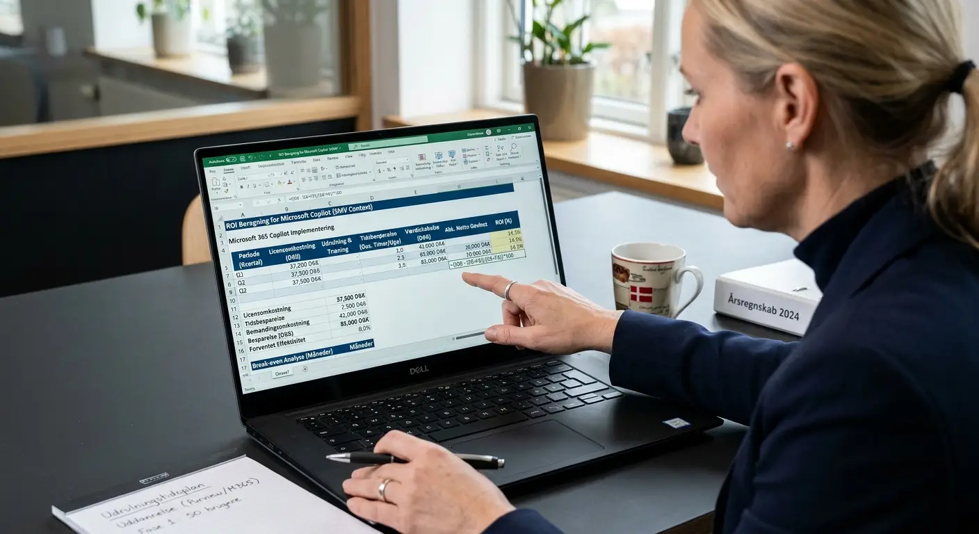 Regneark med ROI-formel for Microsoft Copilot licenser i en dansk SMV