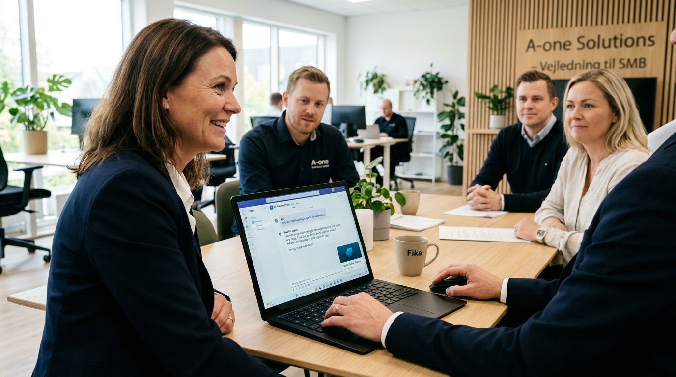 Driftschef bygger en intern AI-assistent i Copilot Studio på en bærbar computer