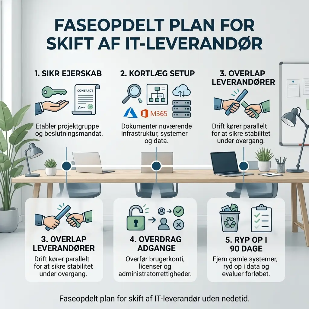 Faseopdelt plan for skift af IT-leverandør uden nedetid i en dansk virksomhed