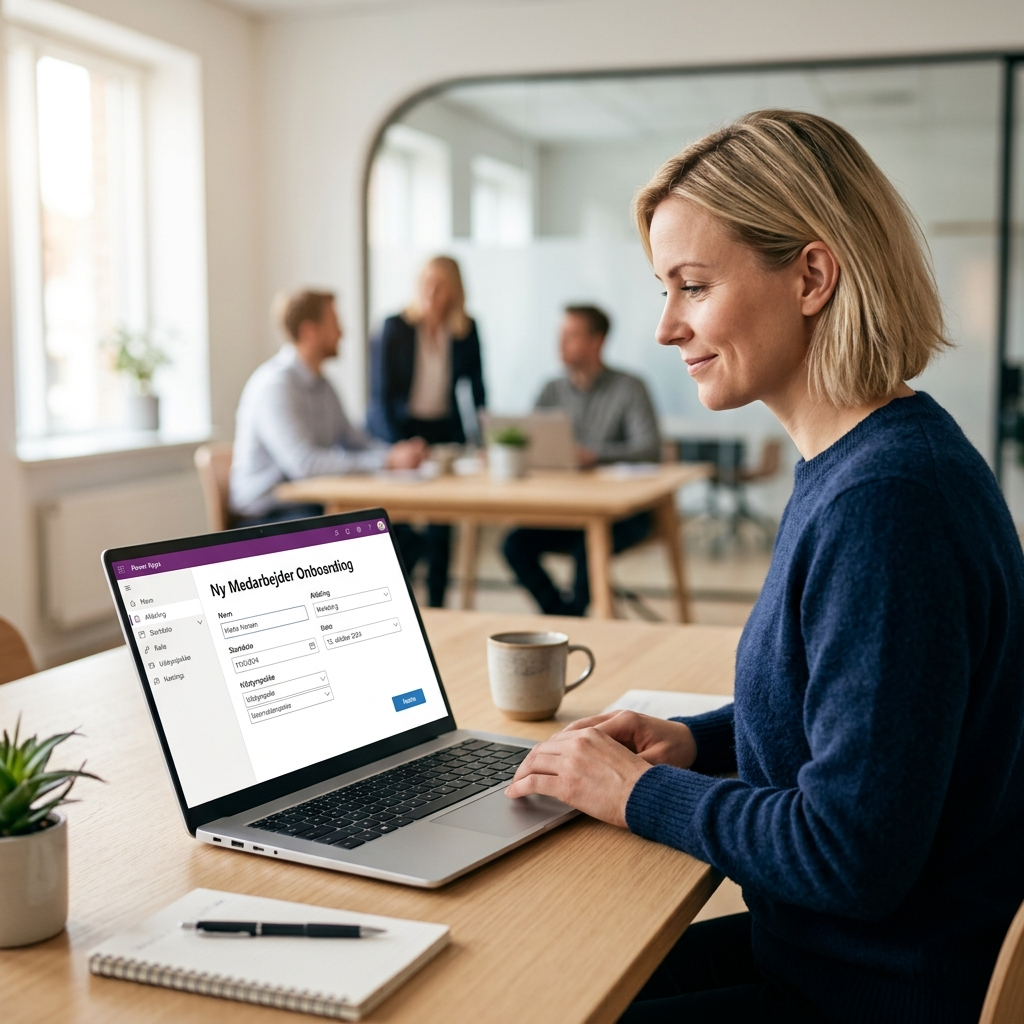 HR-medarbejder udfylder onboarding-formular i Power Apps på bærbar computer