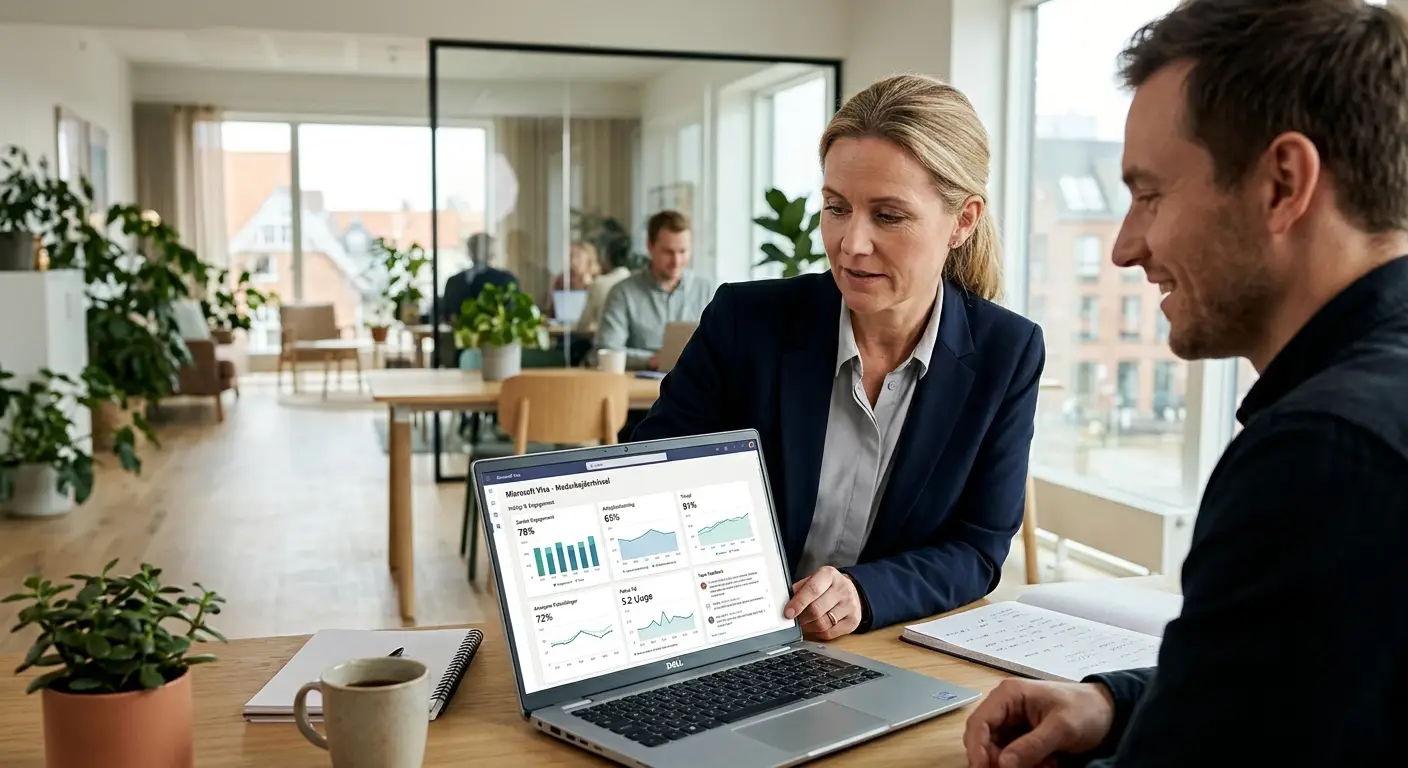 HR-chef gennemgår trivselsdata fra Microsoft Viva på en bærbar computer