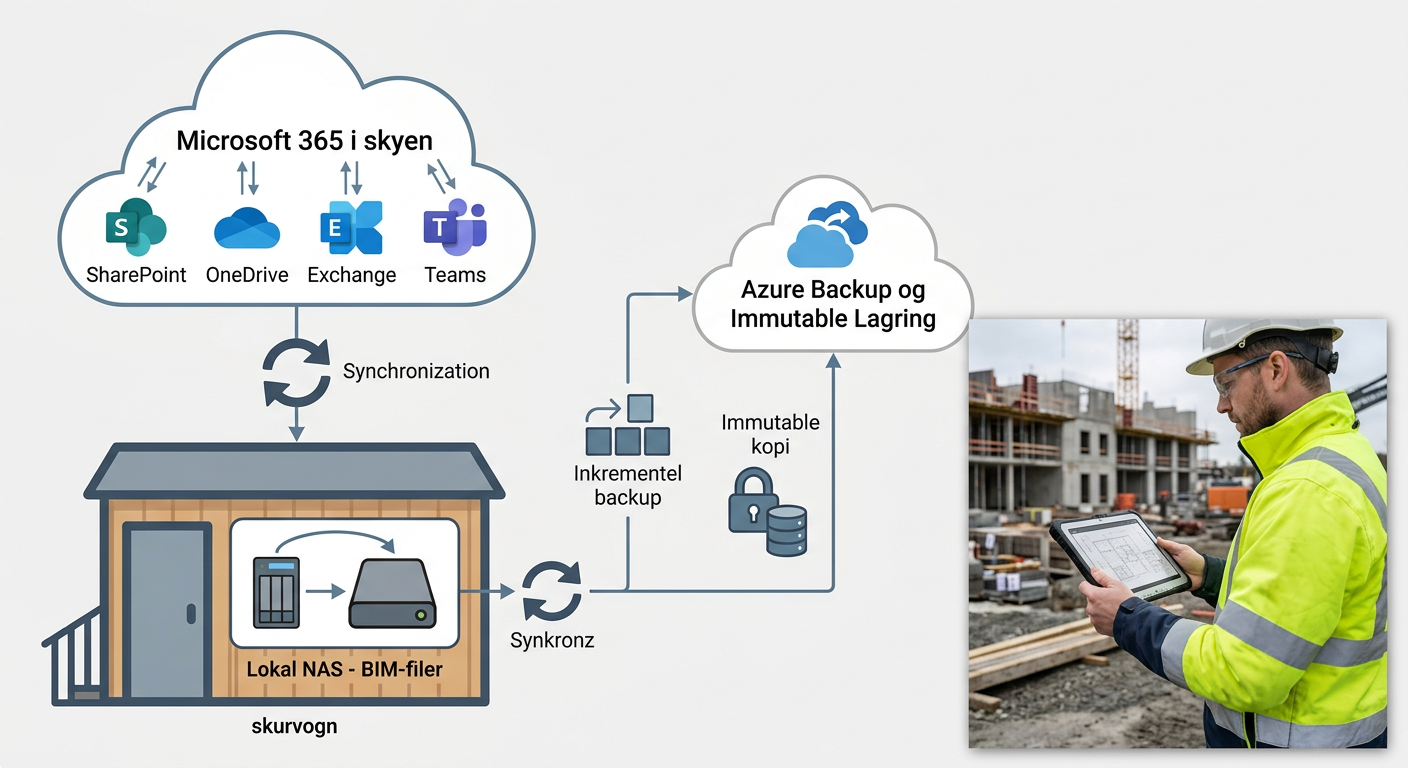 Diagram over hybrid backup: Microsoft 365 i skyen og lokal NAS med BIM-filer på byggepladsen