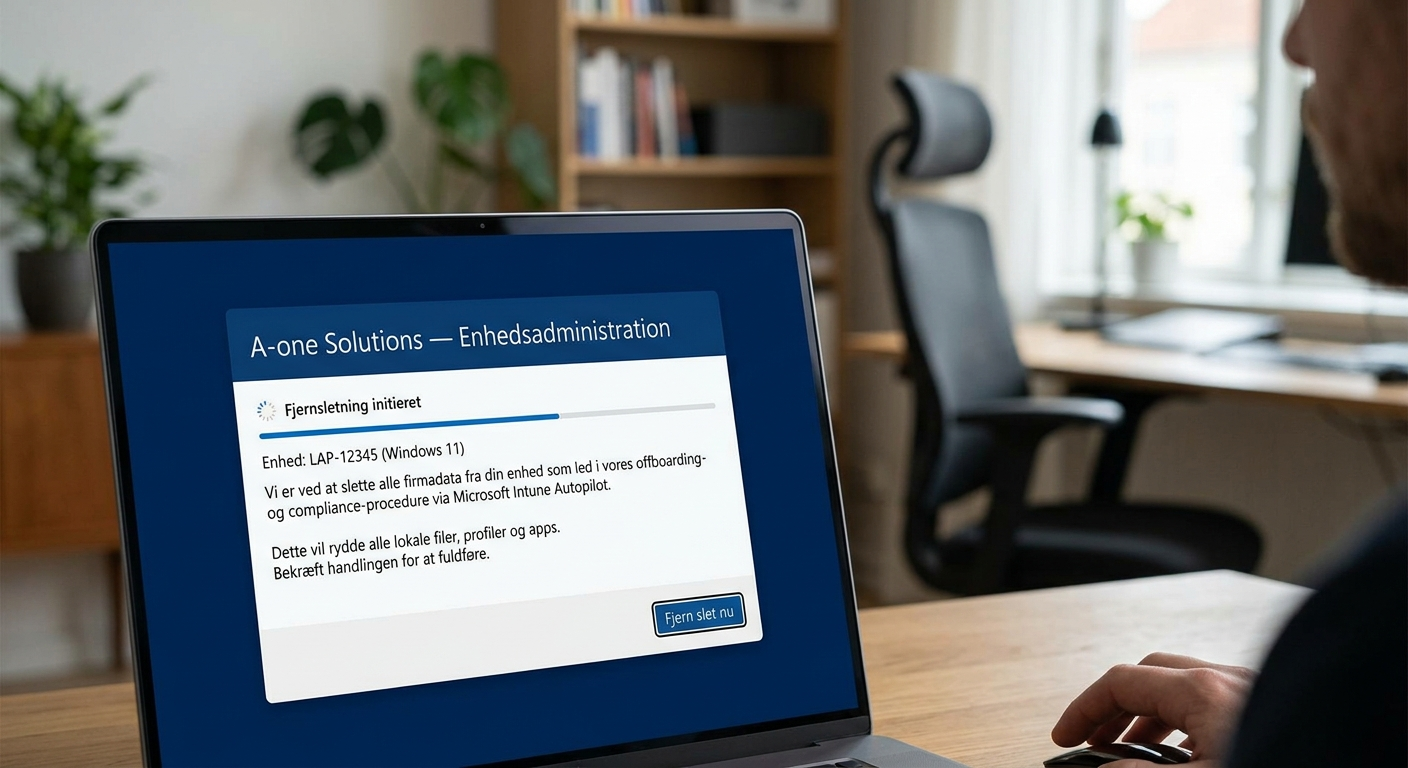 Skærm der viser automatisk fjernsletning af firmadata på en enhed ved offboarding