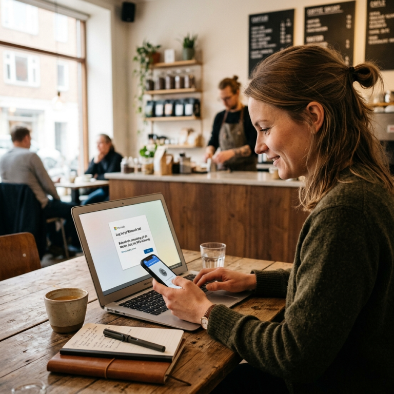 Medarbejder logger sikkert ind på hybrid arbejdsplads i kaffebar under NIS2-krav