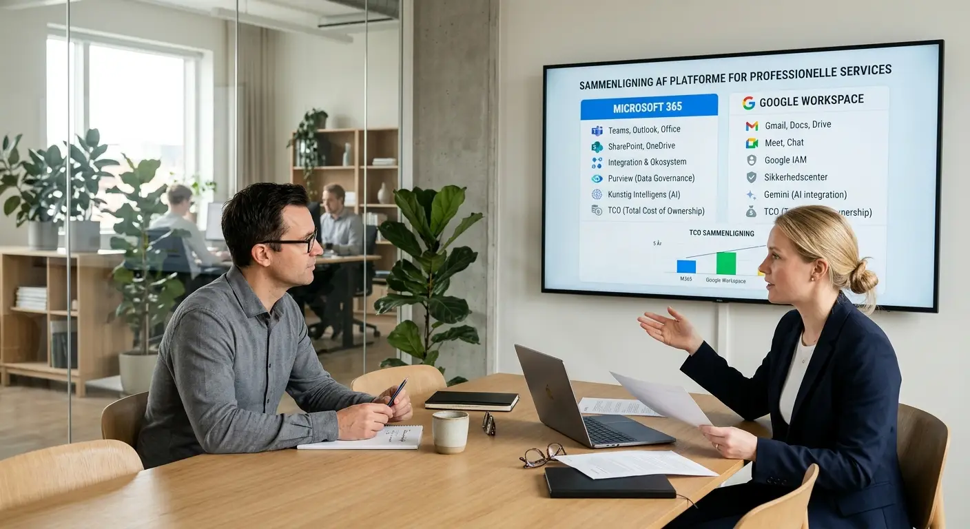 Sammenligning af Microsoft 365 og Google Workspace til professionelle services på en skærm