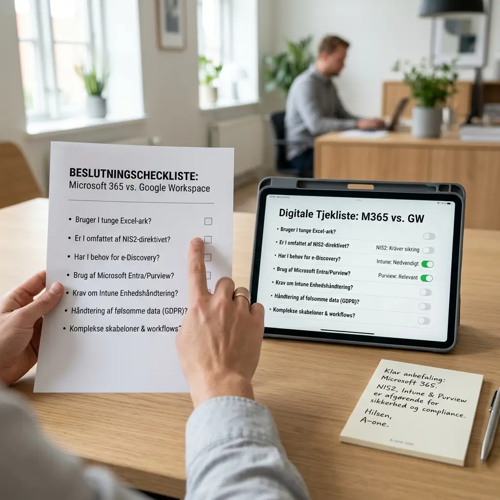 Beslutningstjekliste for valg mellem Microsoft 365 og Google Workspace