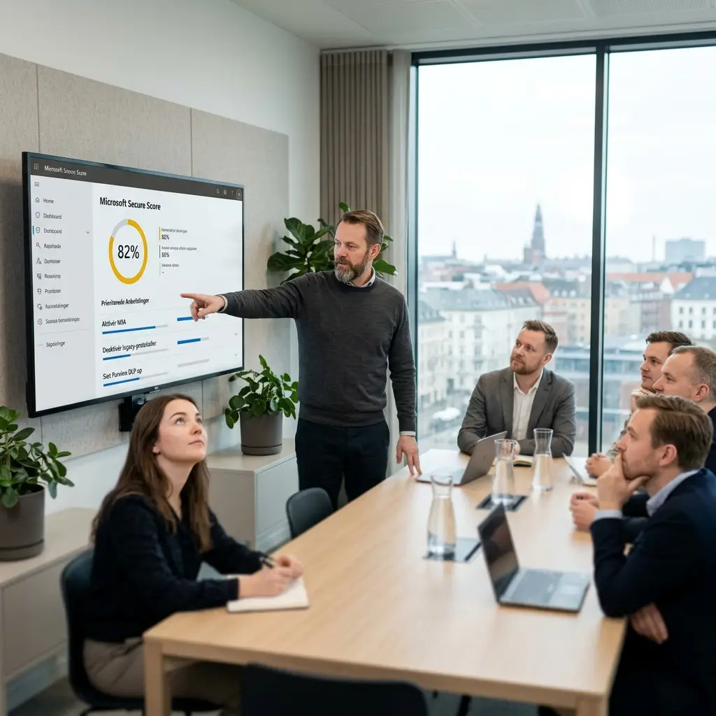 Microsoft Secure Score dashboard med prioriterede sikkerhedsanbefalinger for SMV