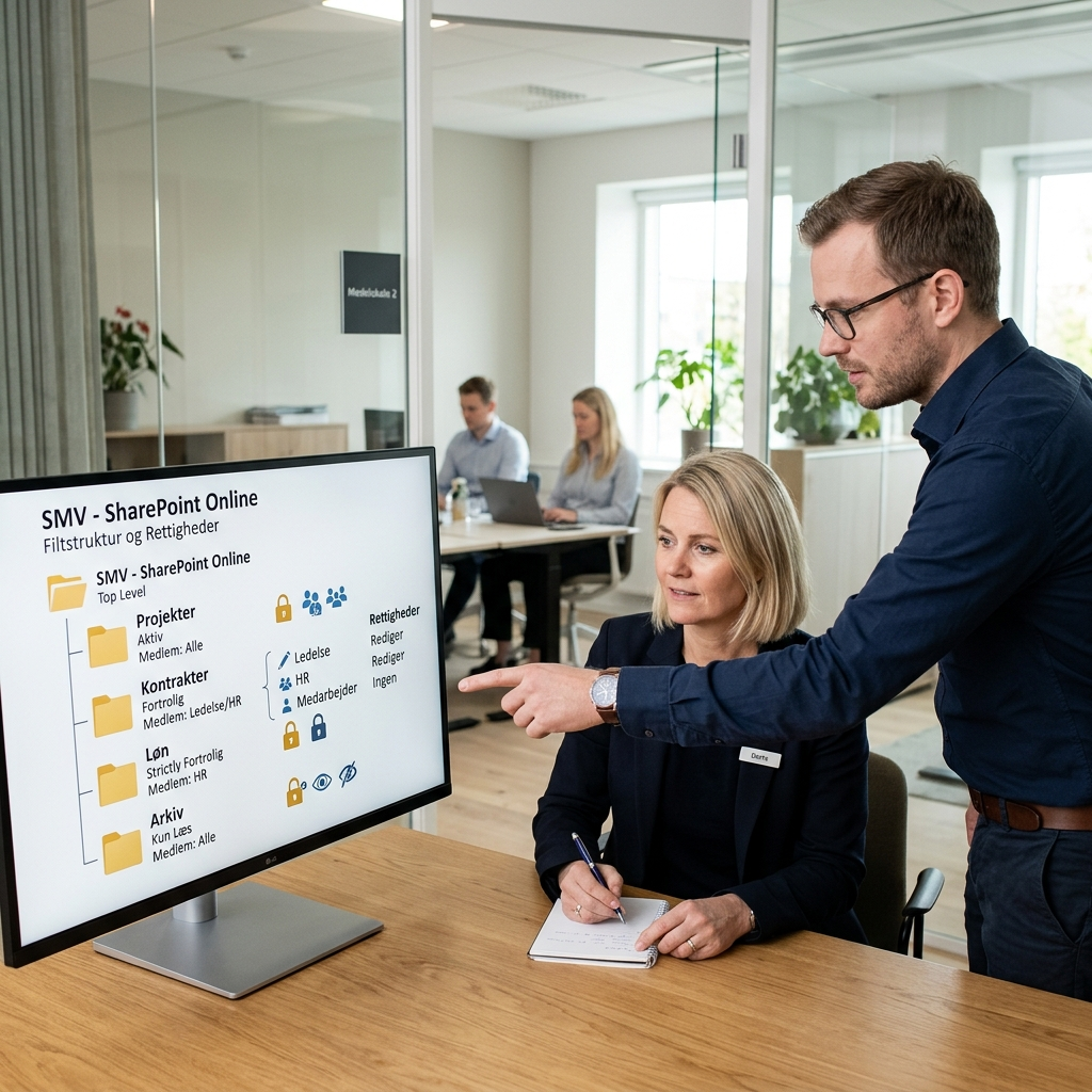 Logisk SharePoint-mappestruktur med tydelige rettighedsniveauer for en SMV