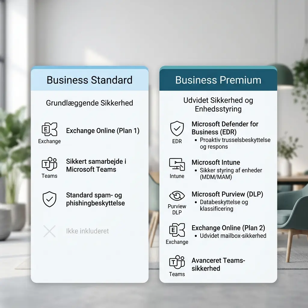 Sammenligning af Microsoft 365 Business Standard og Business Premium sikkerhedsfunktioner