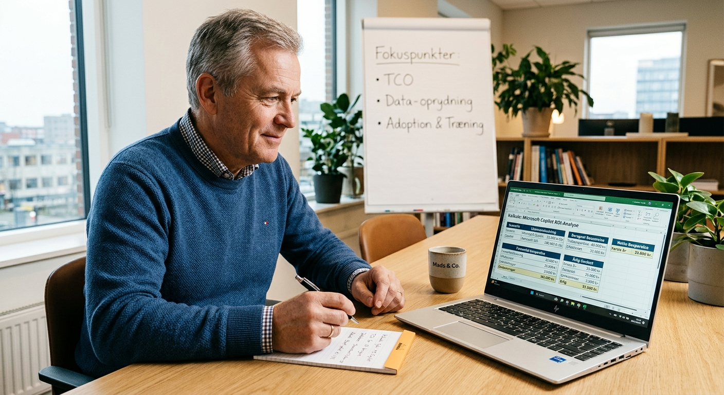 Ejerleder i dansk SMV beregner ROI på Microsoft Copilot-licenser ved skrivebordet