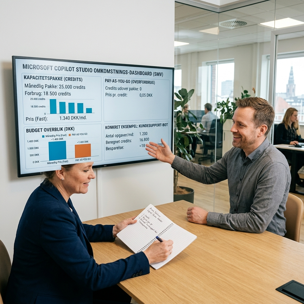 Dansk SMV-medarbejder gennemgår Microsoft Copilot Studio pris og kundeservice-agent på skærm