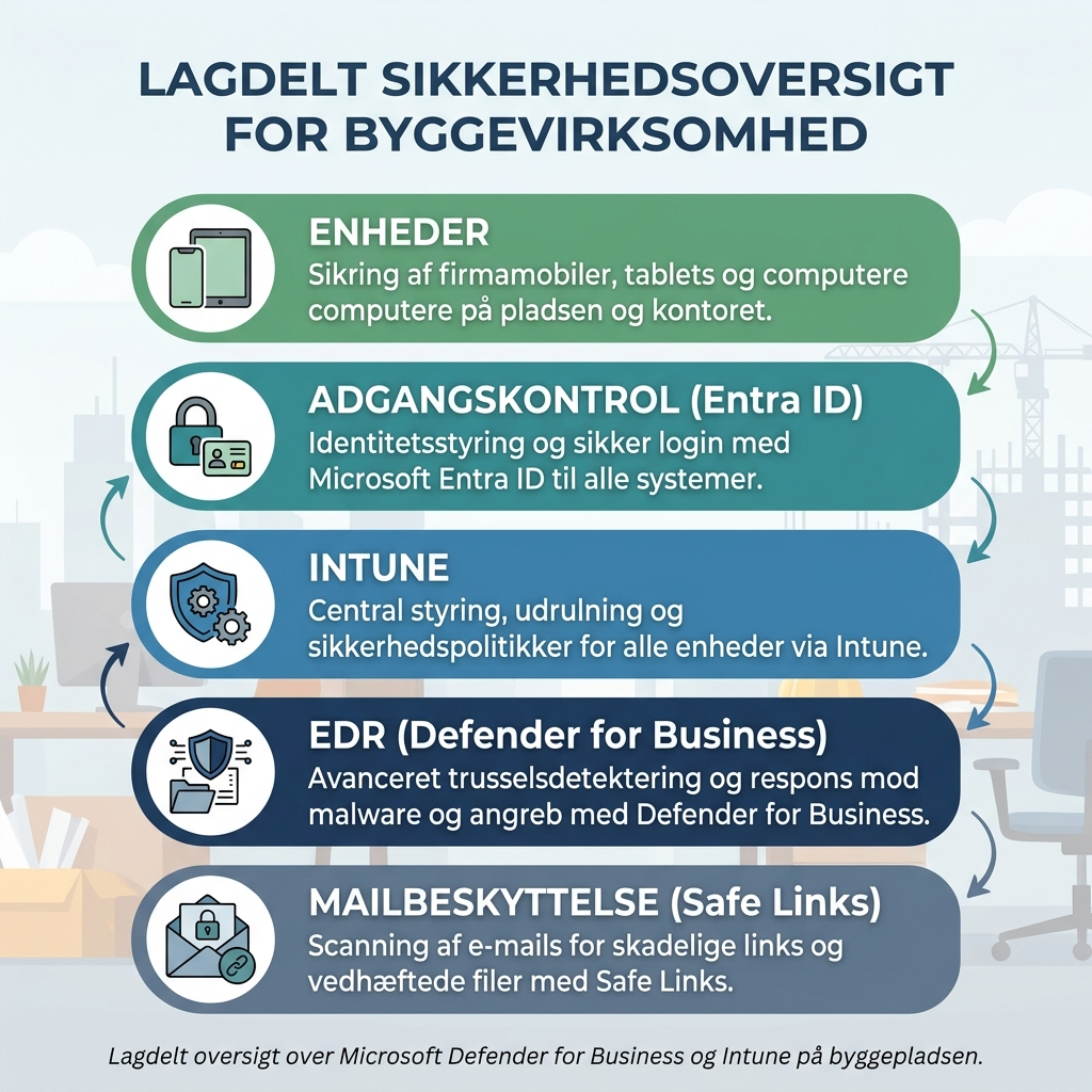 Diagram over sikkerhedslag i Microsoft Defender for Business for en byggevirksomhed
