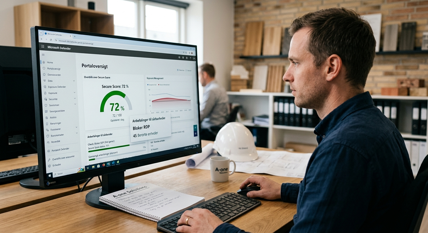 IT-ansvarlig gennemgår Secure Score og Exposure Management i Microsoft Defender-portalen