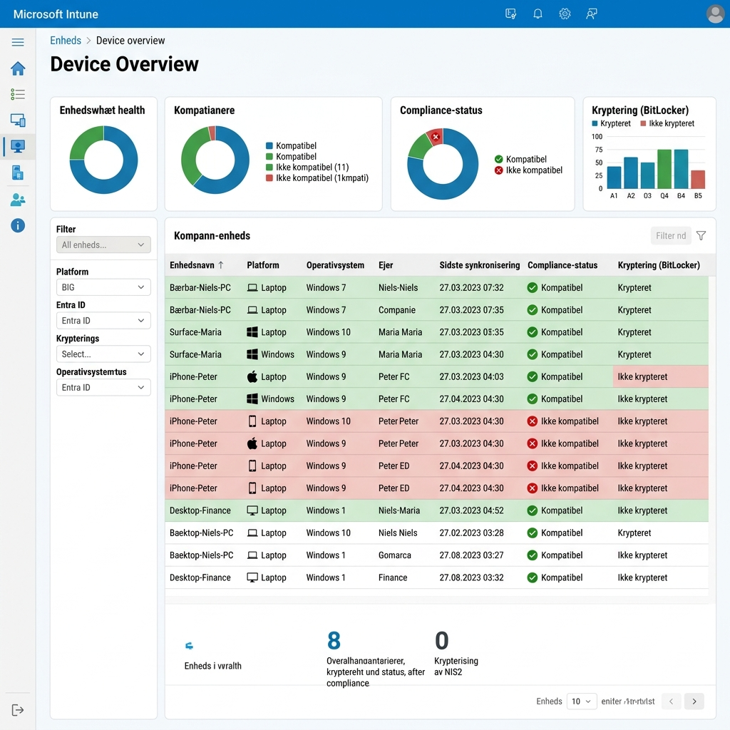 Intune-oversigt over virksomhedens enheder med compliance-status og krypteringsstatus