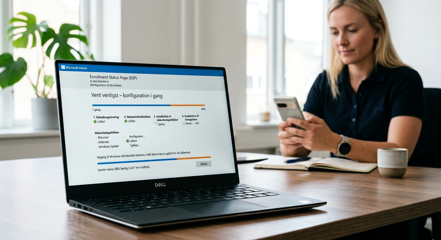 Enrollment Status Page der viser installation af sikkerhedspolitikker før adgang til Windows-skrivebordet