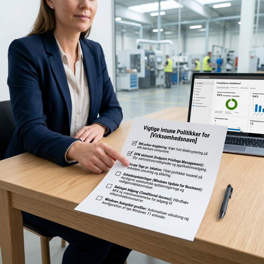 Tjekliste over de vigtigste Intune-sikkerhedspolitikker for en dansk industrivirksomhed
