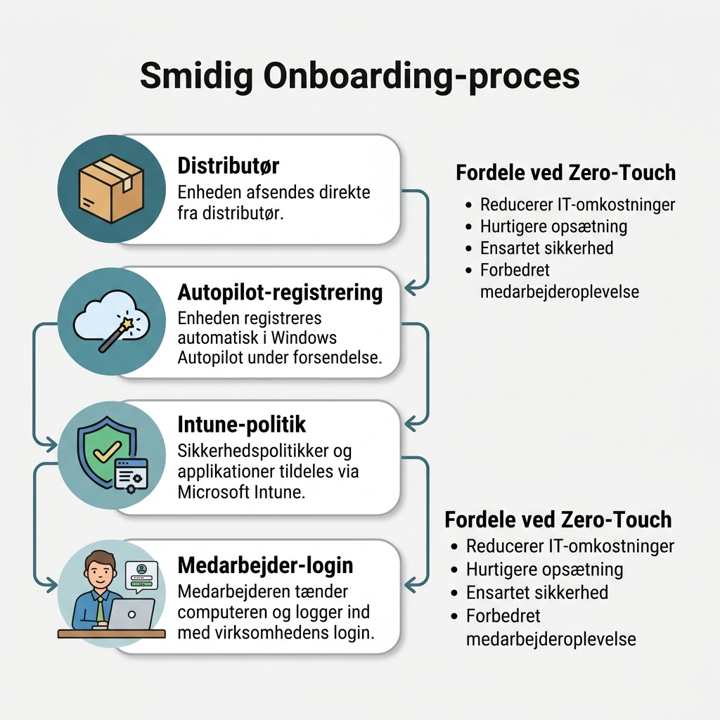 Diagram over Zero-Touch onboarding-flow fra distributør til medarbejderens skrivebord