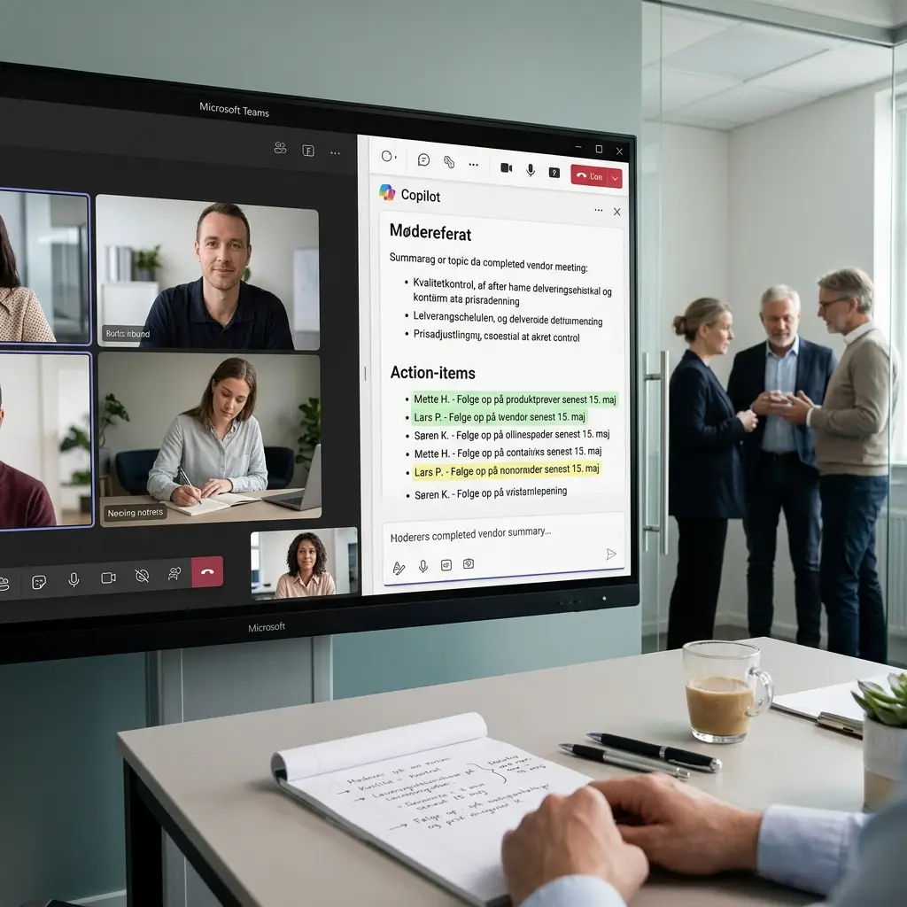 Copilot opsummerer leverandørmøde og laver action-items i Microsoft Teams
