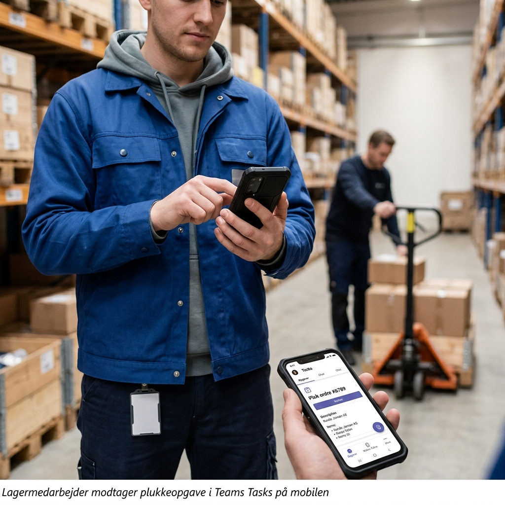 Lagermedarbejder modtager opgave via Tasks-modulet i Teams-app på mobil