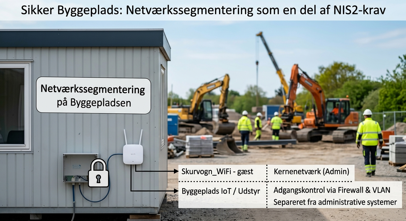 Sikret byggeplads-netværk med adskilt Wi-Fi og adgangskontrol illustreret som del af NIS2-krav