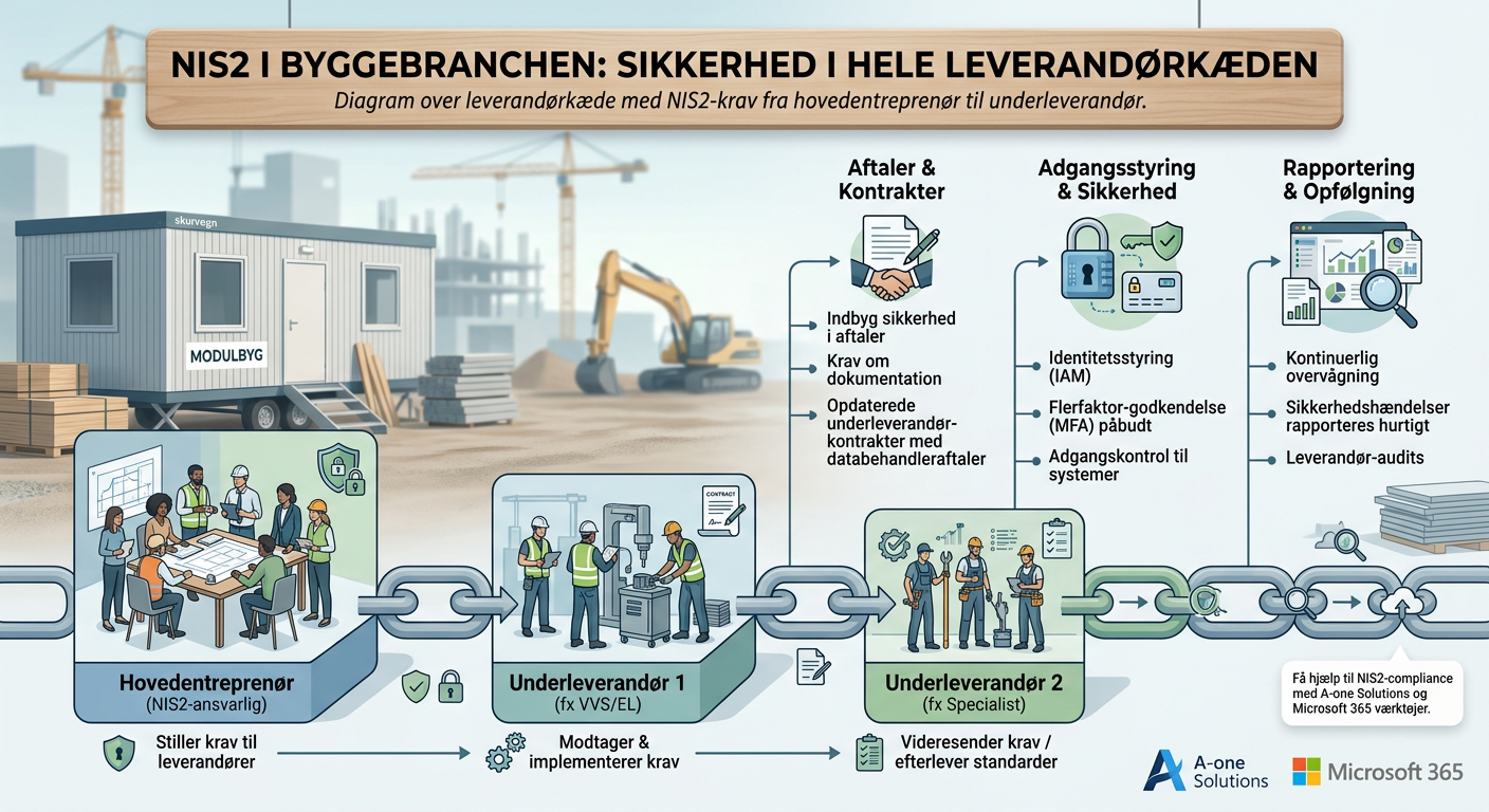 Diagram over leverandørkæde i byggeriet med NIS2-krav fra hovedentreprenør til underleverandør