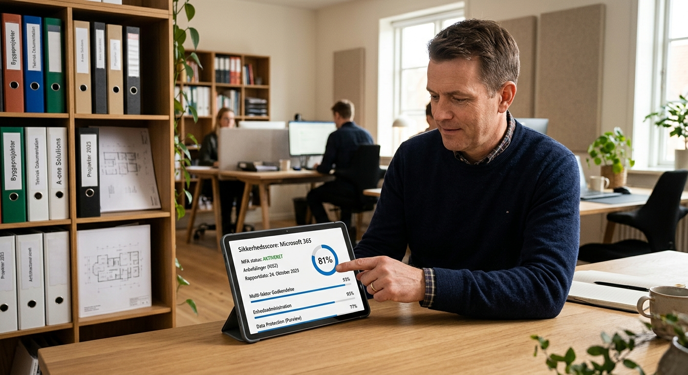 Driftschef gennemgår Microsoft 365 Secure Score rapport til NIS2-dokumentation på kontor