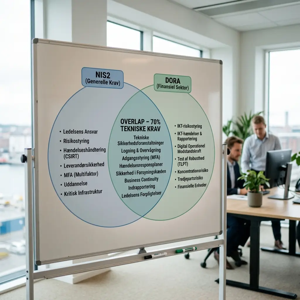 Diagram der viser overlap mellem NIS2 og DORA tekniske krav for en finansiel SMV