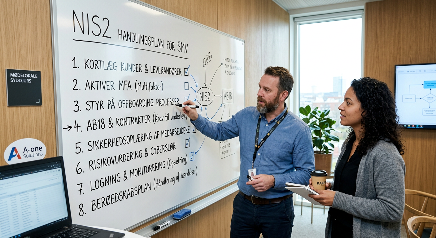 Nummereret handlingsplan for NIS2-implementering i byggevirksomhed vist på whiteboard