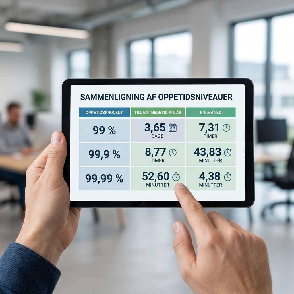 Tabel der viser forskellen på 99,9 og 99,99 procent oppetid målt i timer nedetid
