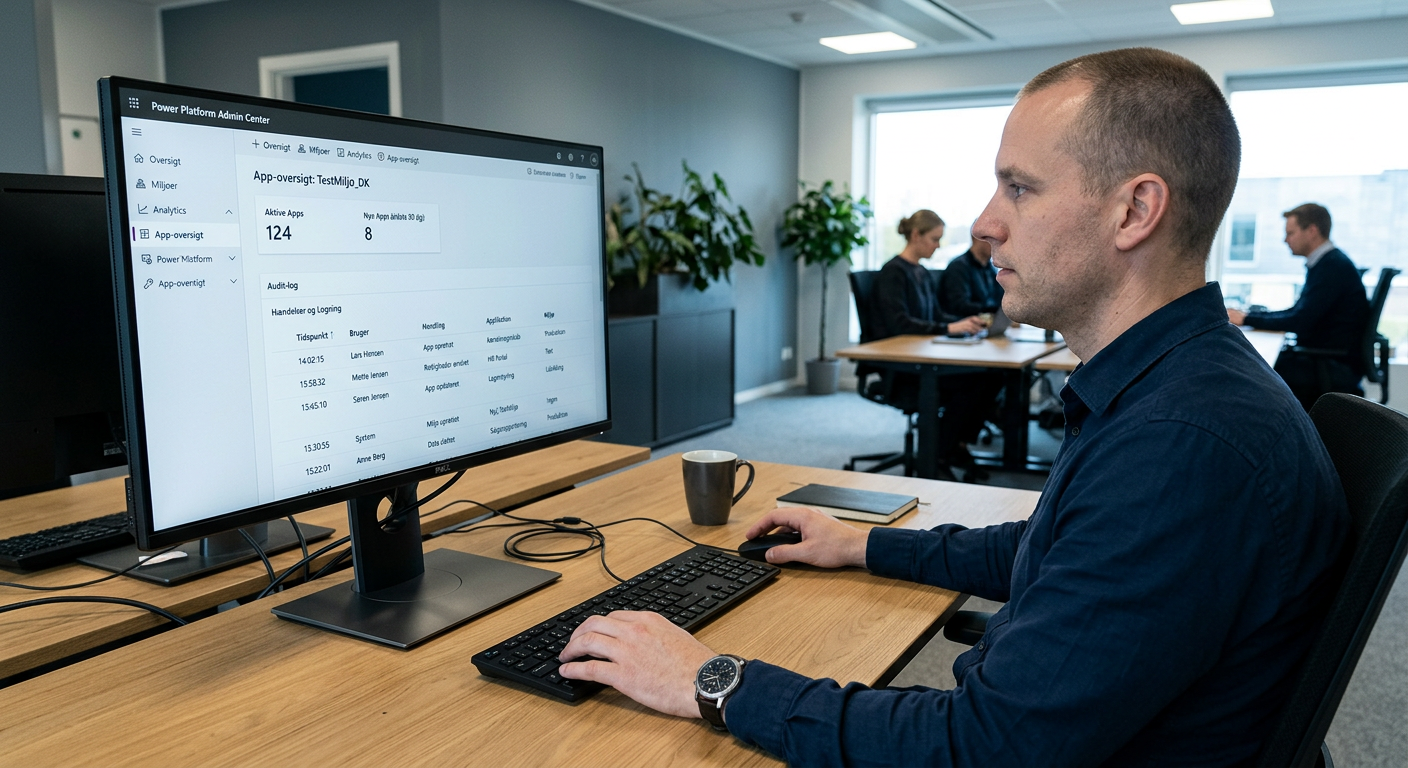 IT-administrator gennemgår app-oversigt og logning i Power Platform Admin Center