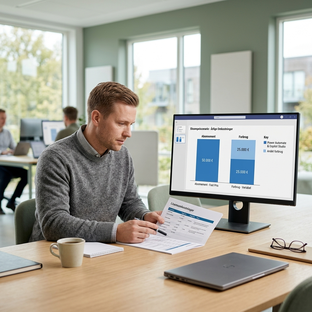 IT-ansvarlig gennemgår licensomkostninger for Microsoft 365 og Copilot Studio