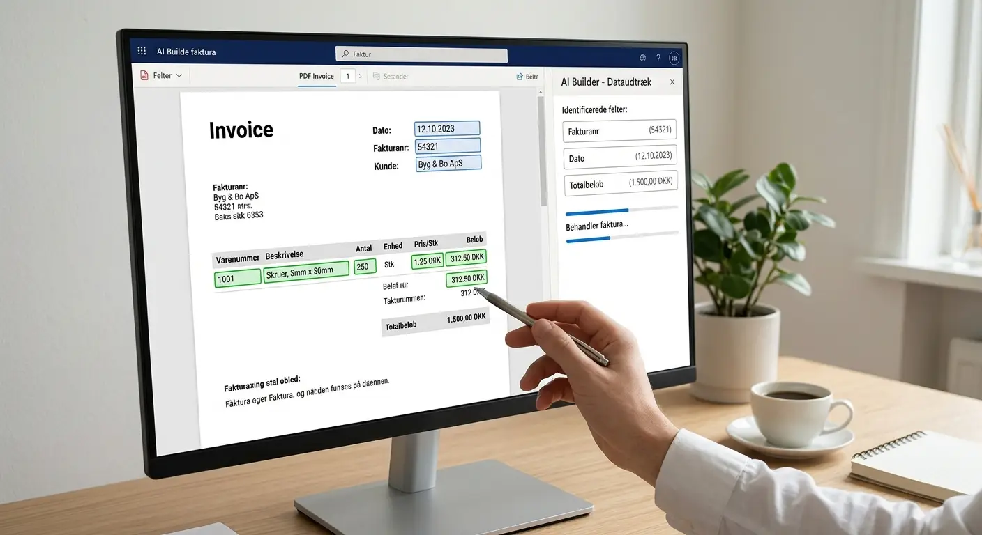AI Builder aflæser felter på en PDF-faktura og markerer varenummer og beløb