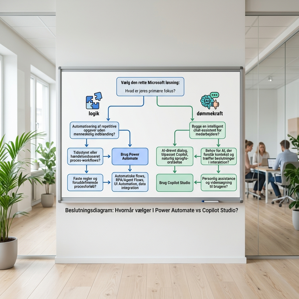 Beslutningsdiagram der viser hvornår SMV bruger Power Automate og hvornår Copilot Studio
