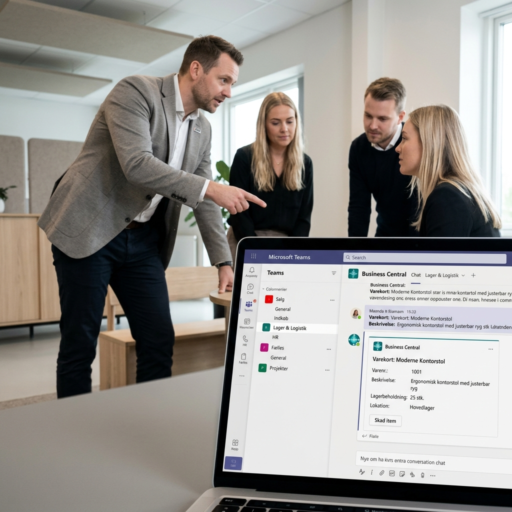 Oversigt over Teams-kanaler for salg, indkøb og lager i en dansk engros-virksomhed