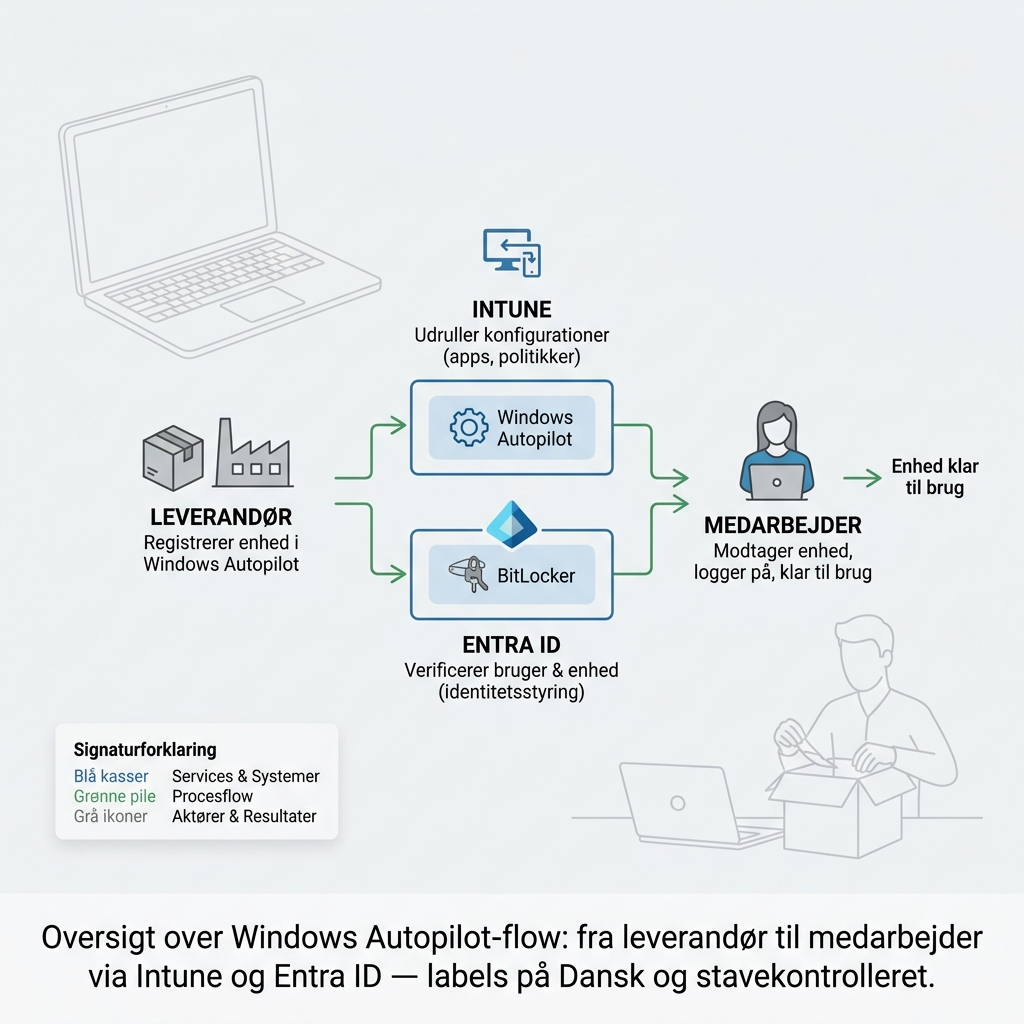 Diagram over Autopilot-flow fra leverandør til medarbejder via Intune og Entra ID