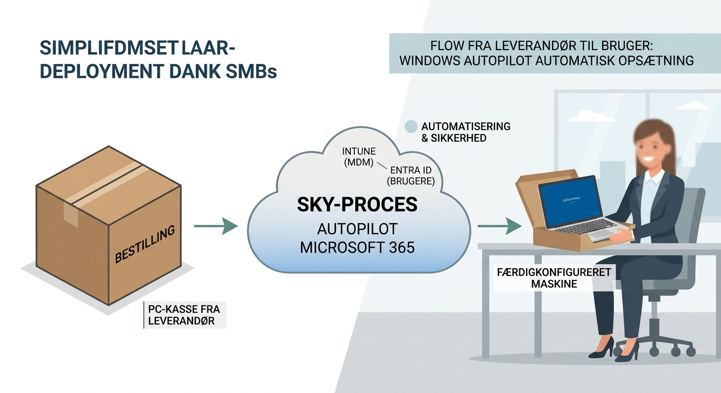 Diagram der viser flow fra hardware-leverandør direkte til medarbejder med automatisk opsætning via Windows Autopilot