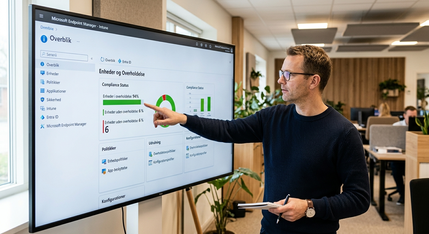IT-ansvarlig gennemgår Intune-dashboard med standardiserede enhedspolitikker for compliance