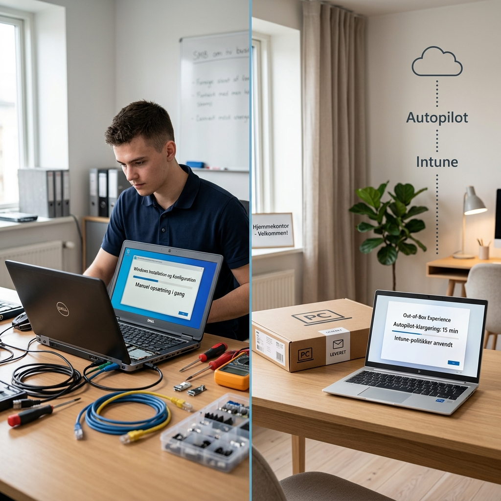 Sammenligning af manuel pc-klargøring med tekniker og automatisk Zero-Touch udrulning fra skyen