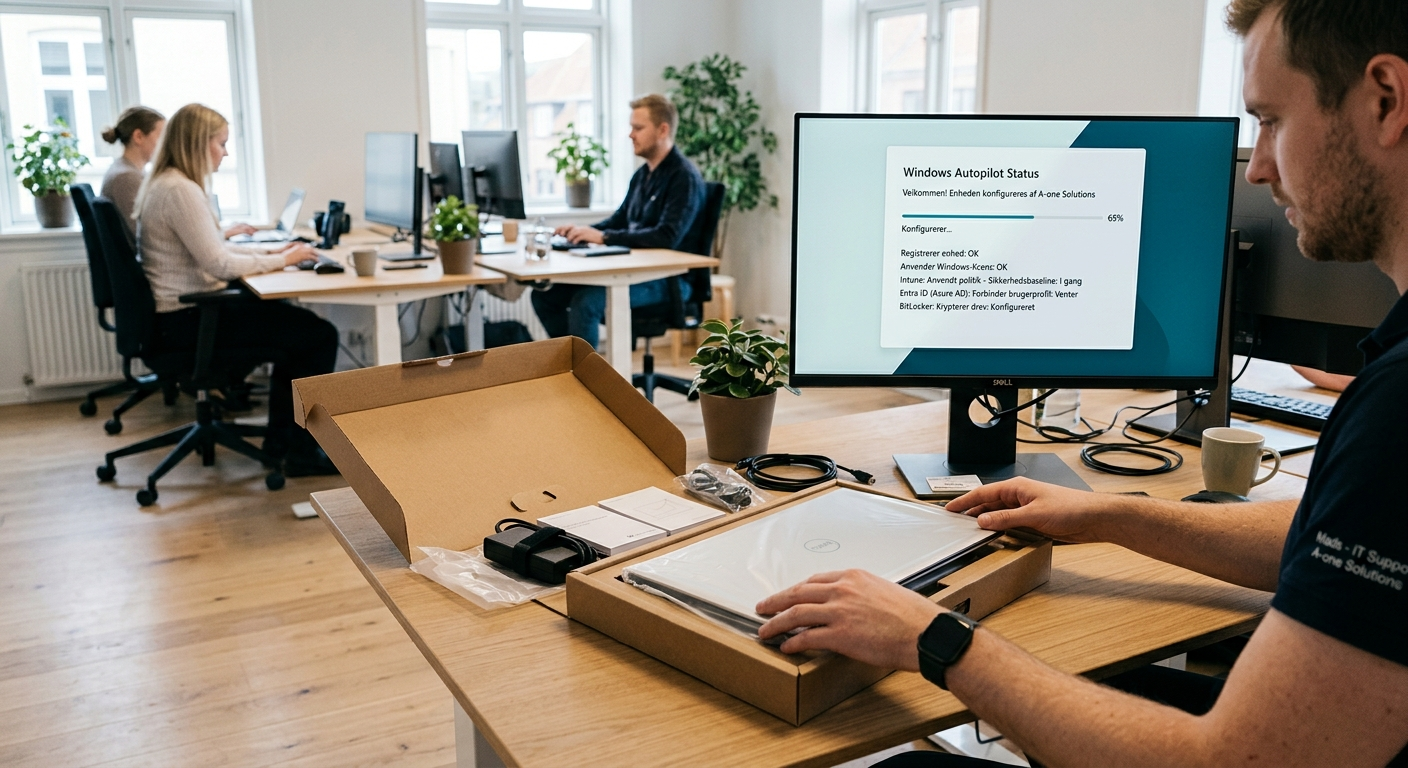 Diagram over sikker enhedsrejse fra leverandør til medarbejder med Autopilot og Intune